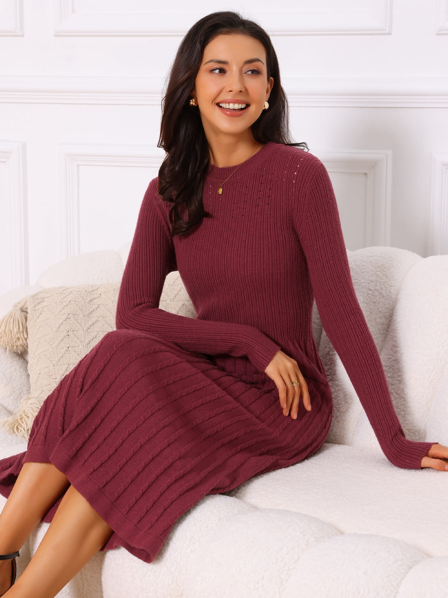 DARING DIVA Women's Long Sleeve Sweater Fall Crewneck Ribbed Knit Dress S Wine Red