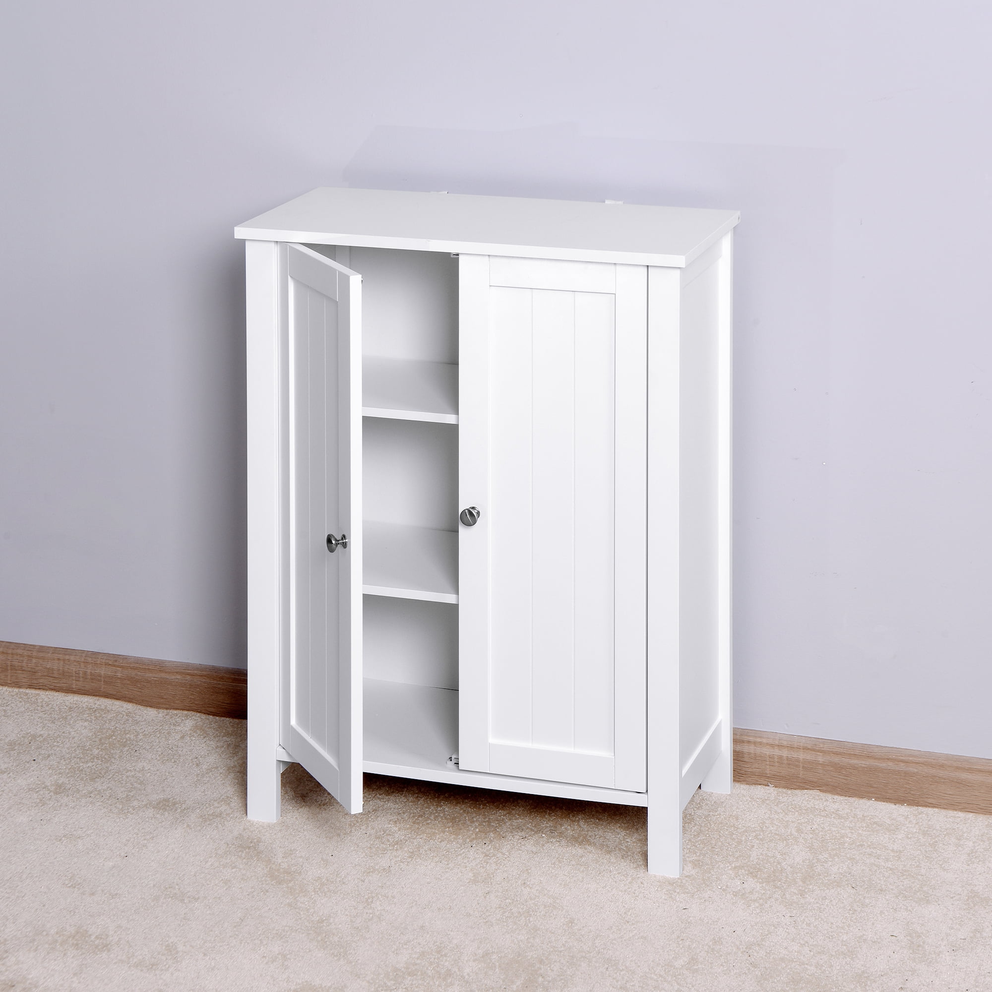 MAYEERTY White Bathroom Floor Storage Cabinet with Double Door & Adjustable Shelf