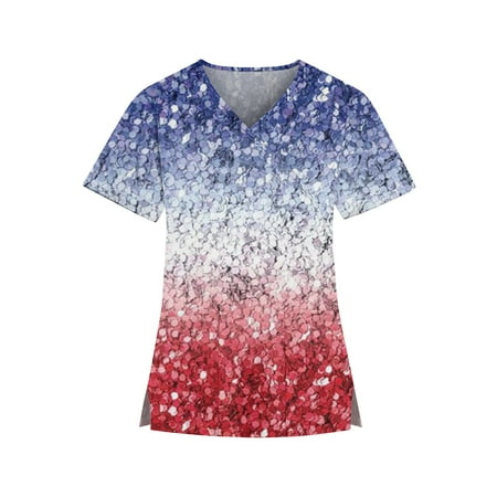 

TKing Fashion Womens Summer Plus Size Independence Day Short Sleeve V-Neck Printed Tops Scrub Cross Working Blouse with Pocket Royal Blue L