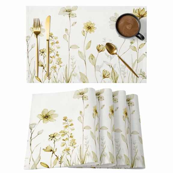 Yellow Spring Floral Placemats Set of 8, Summer Flowers Botanical Elegant Placemats for Dining Table, Place Mats for Kitchen Tabletop, Waterproof Wipeable Dining Table Mats Set