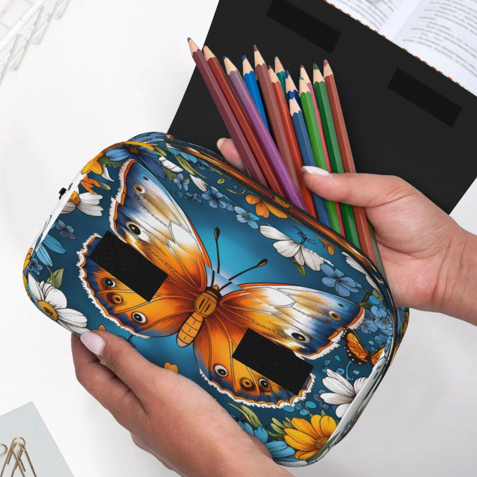 Rateoe Spring Butterfly Flowers Pattern Double Clamshell Pen Case, Storage Organizer with Two Zipper Compartments– Holds Up to 50 Pencils & Pens