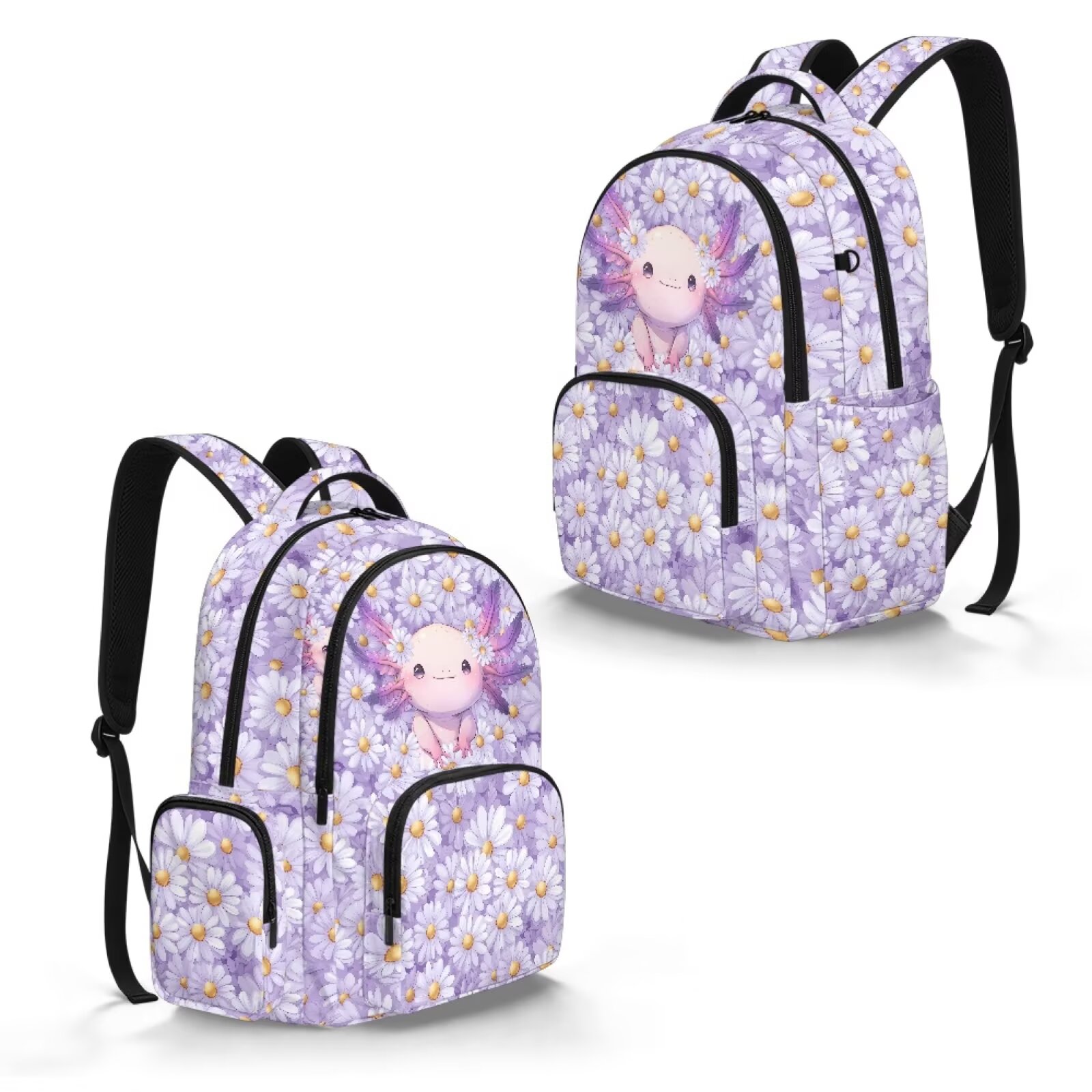Mochila escolar de 17 pulgadas con estampado de axolote y margaritas moradas, espaciosa, con múltiples bolsillos, ligera para adolescentes y niños 2