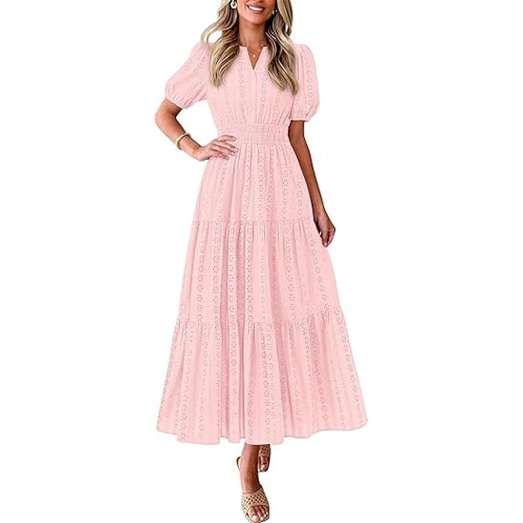 PRETTYGARDEN Womens Summer Maxi Dresses Casual Puff Sleeve V Neck Smocked Flowy Eyelet Cotton Dress Spring Sundress