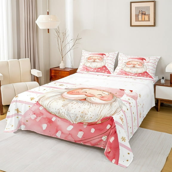 Manfei Cartoon Santa Claus Twin Sheet Sets 3 Pieces for Kids Girls, Gold Snowflakes Twin Fitted Sheet, White Pink Stripe Flat Sheet, Christmas Home Decor