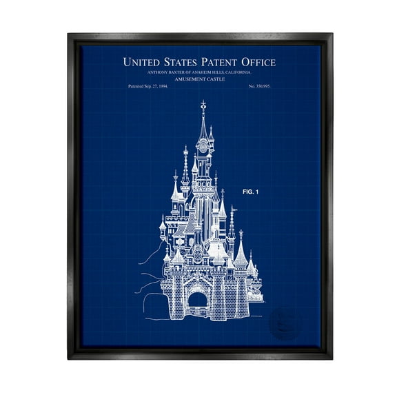 Stupell Industries Amusement Castle Blueprint Graphic Art Jet Black Floating Framed Canvas Print Wall Art, Design by Karl Hronek