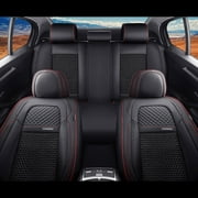 Coverado Car Seat Covers Red Trim, 5 Seats Breathable Faux Leather & Woven Fabric Seat Protectors Full Set, Universal Auto Cushions Fit Most Cars SUV Trucks