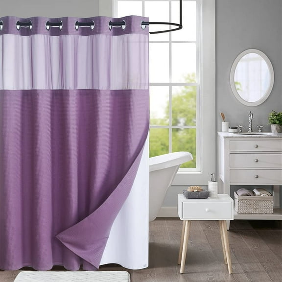 WPM No Hooks Required Mauve Shower Curtain with Snap-in Liner Waffle Weave Design, Hotel Grade Style Waterproof & Washable, Mesh top Window Easy Snaphook Mauve Bathroom 72 inch wide x 74 inch long