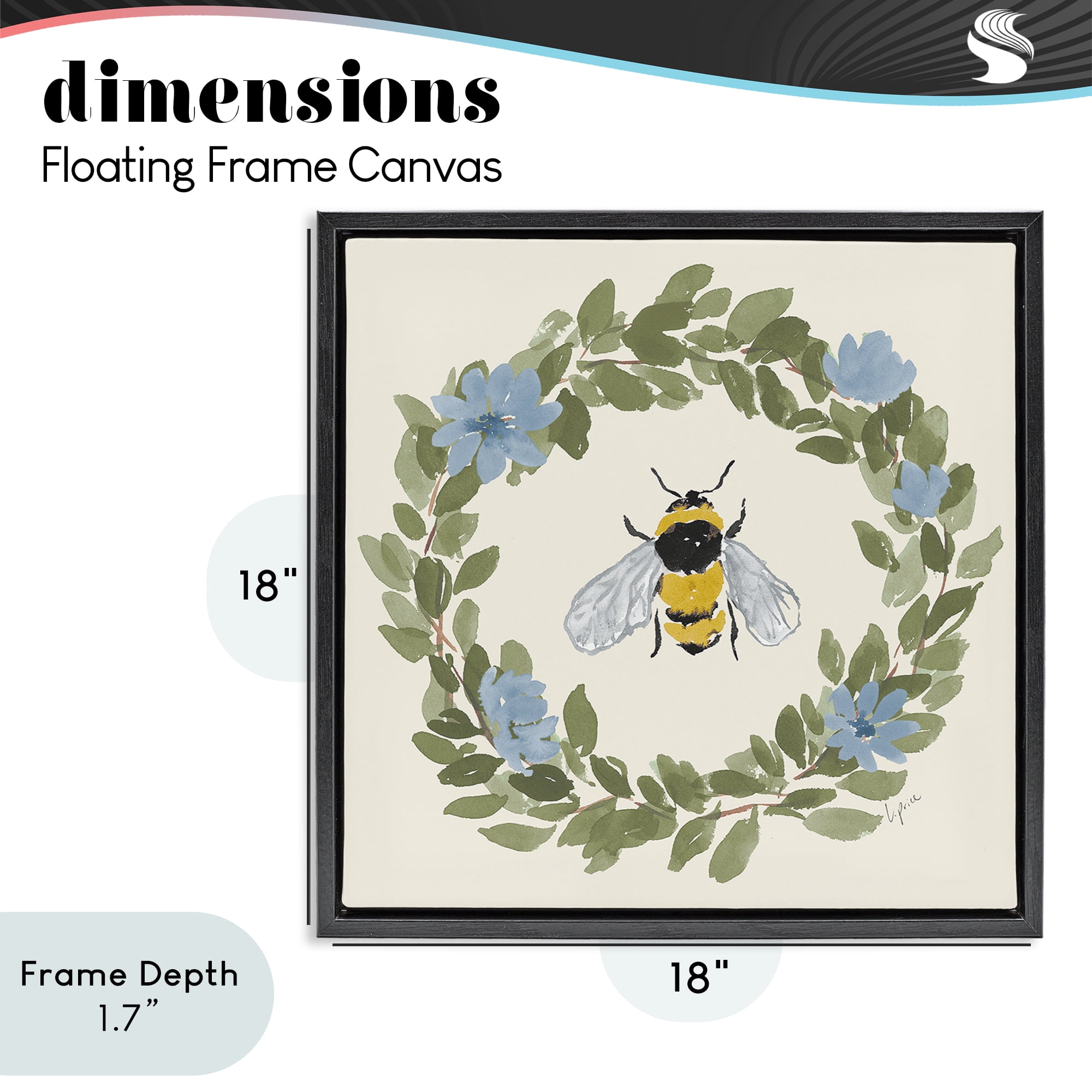 Stupell Industries Floral Wreath Bee Celebration Black Framed Floater Canvas Wall Art, design by Lucille Price