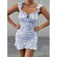 thumbnail image 6 of Women'S Floral Print Off Shoulder Milkmaid Dress Ruched Ruffle Hem Bodycon Mini Dress Blue XL, 6 of 7