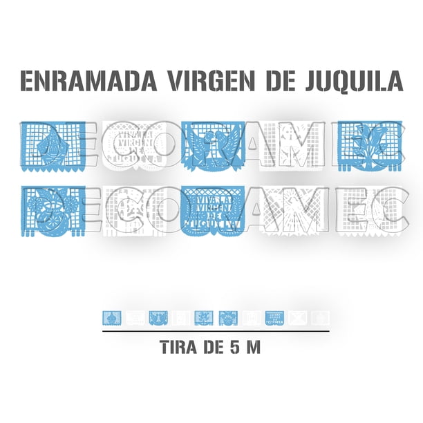 Papel Picado Religioso Virgen de Juquila | Guirnaldas | Enramado | 5 tiras de 5 metros | diseño religioso azil y blanco con colores vibrantes | decoración de plastico picado