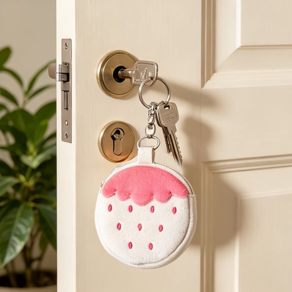MMJ Strawberry Plush Earbud Case Cute Coin Purse Keychain Card Holder Soft 5.28x5.04in