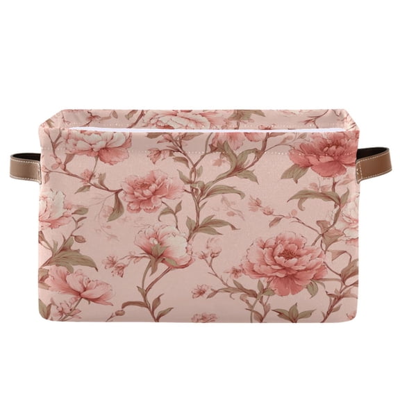 1-Pack Square Closet Organizers with Handles Open Basket Bins Pink Flowers Storage Basket for Home Office