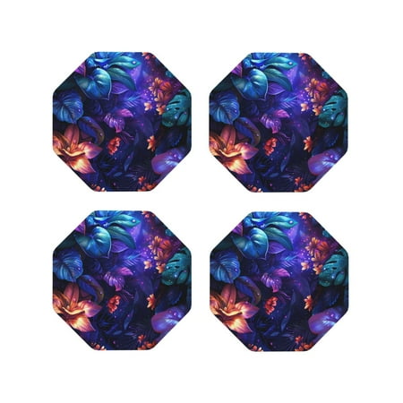 

Vsdgher Magic Colorful Forest Leaves Leather Coasters for Drinks Durable Drink Coasters 4 Set for Tabletop Protection Luxurious Home Décor and Housewarming Gift-Octagon