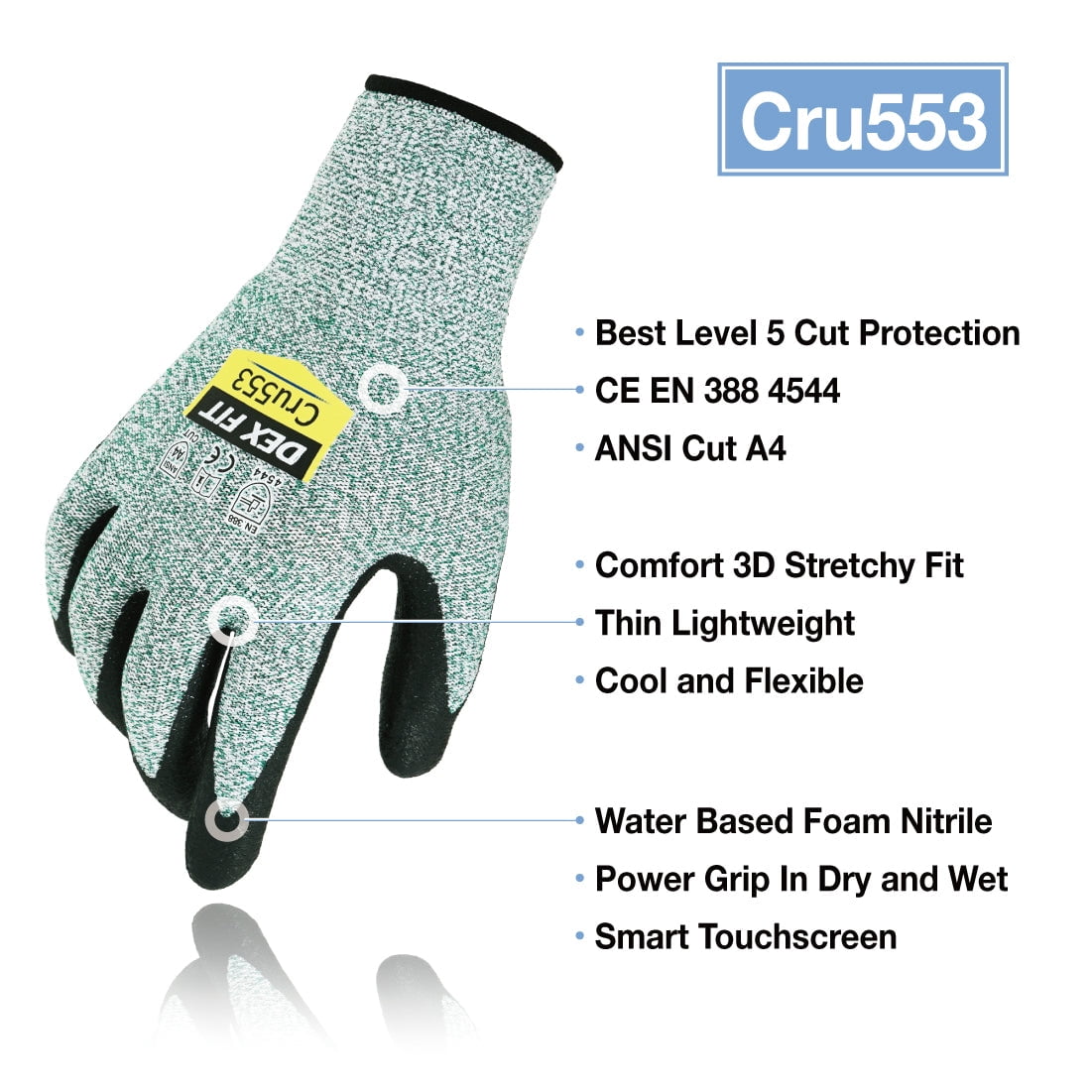 DEX FIT CRU553 Green Level 5 Cut Resistant Gloves (Power Grip, Durable Foam, X-Small) - 1 Pair