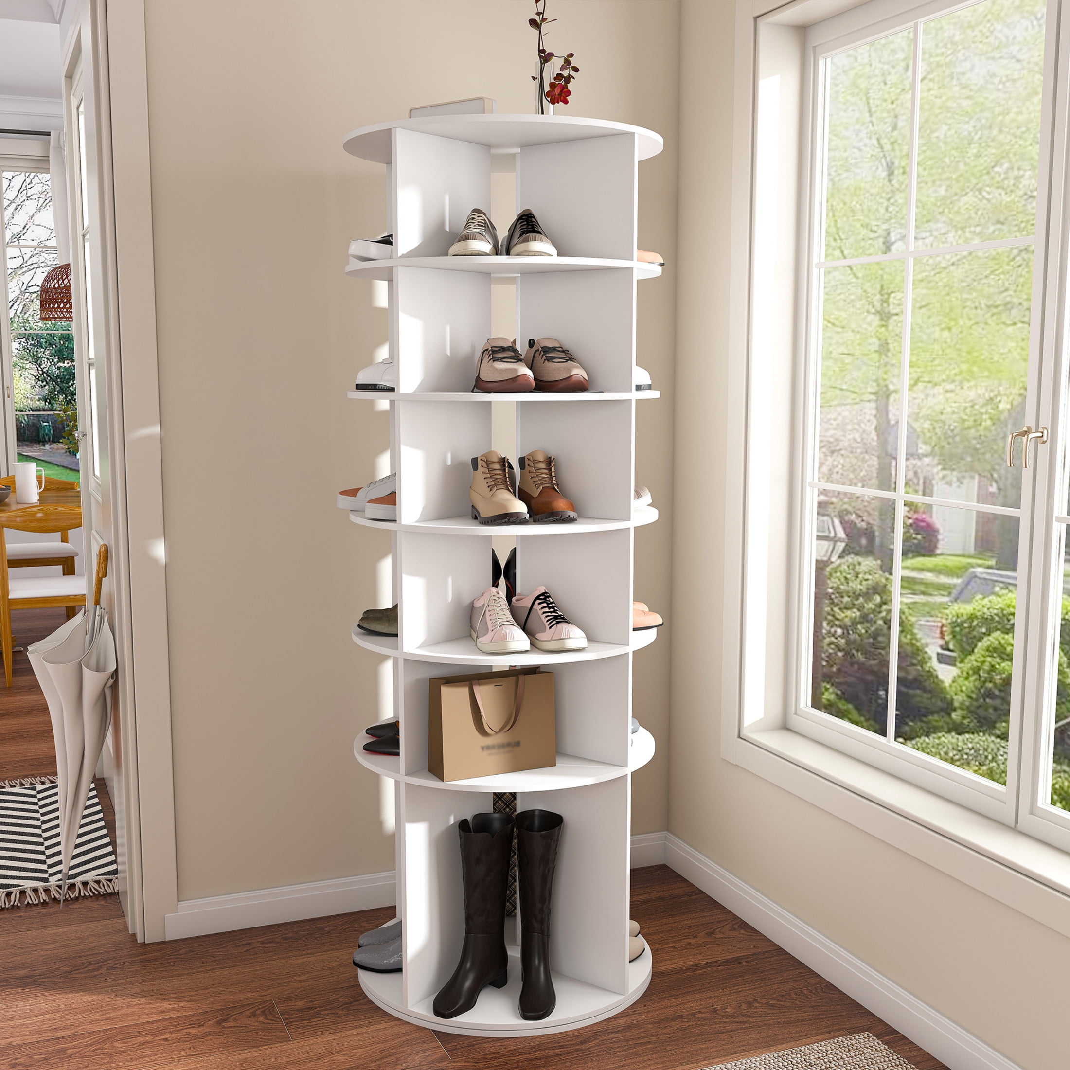 Noble House 6-Tier Rotating Shoe Rack Tower, 360° Freestanding Shoe Organizer, White