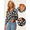 thumbnail image 2 of Blusa de satén floral Allegra K Blusas de manga larga con botones y cuello En V Negro XS, 2 of 6