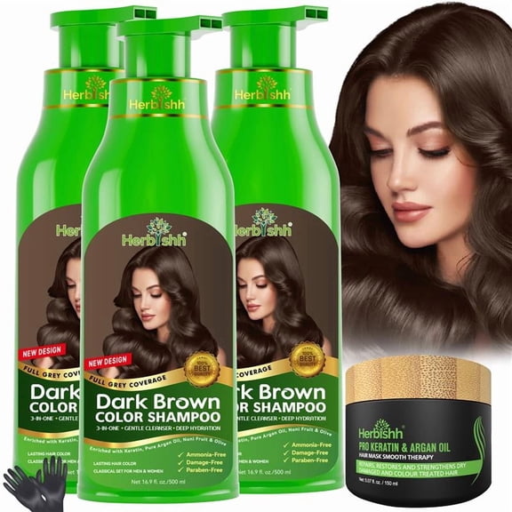 Herbishh Ultimate 3pcs Hair Color Shampoo Dye 1 Argan Hair Mask, Smooth and Long Lasting for Grey Hair Men & Women Easy & Quick to Use-Combo4 (Dark Brown)
