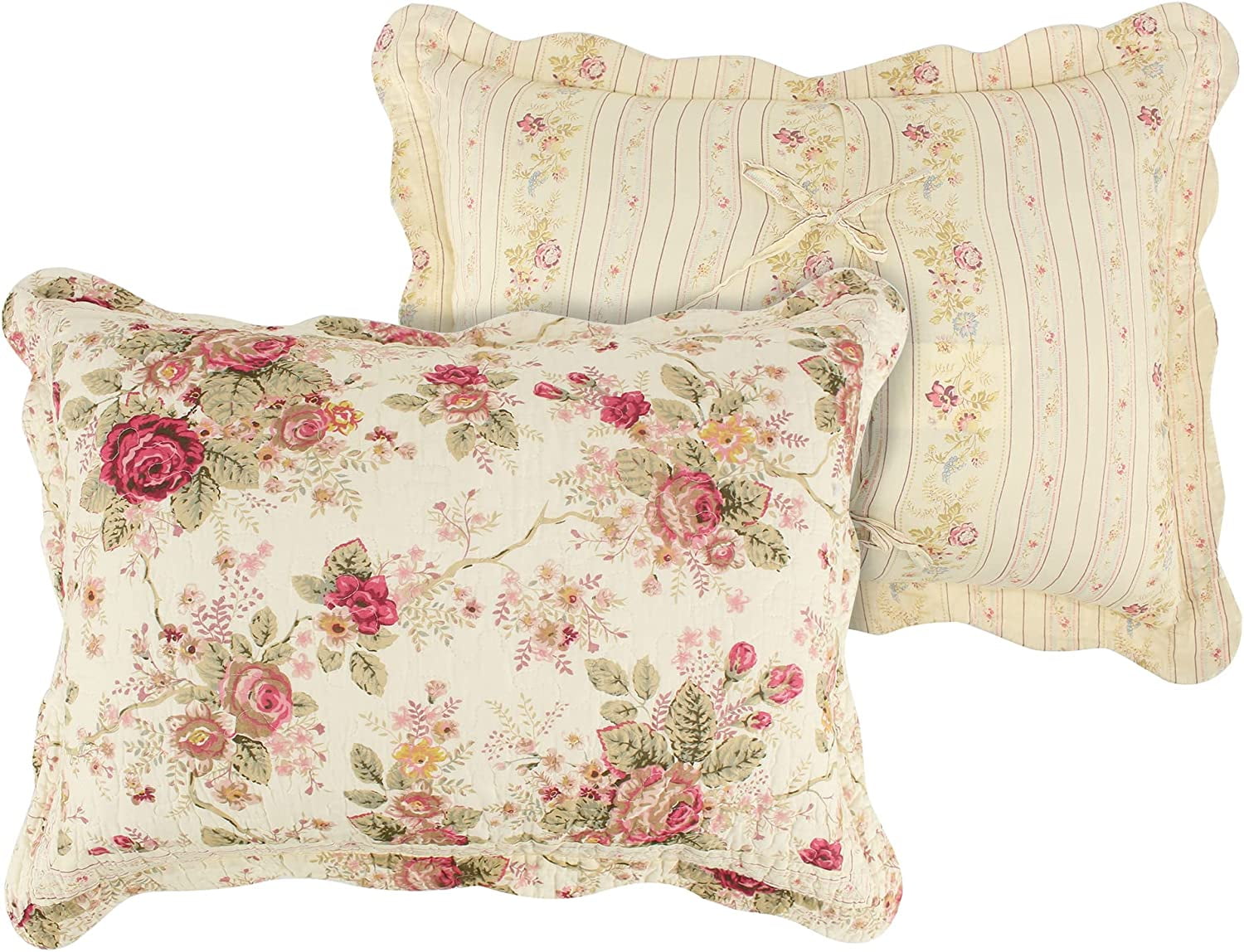 Greenland Home Fashions Antique Rose 100% Cotton Reversible Quilt Set With Decorative Pillows, 4-Piece Twin/Twin-XL, Ecru