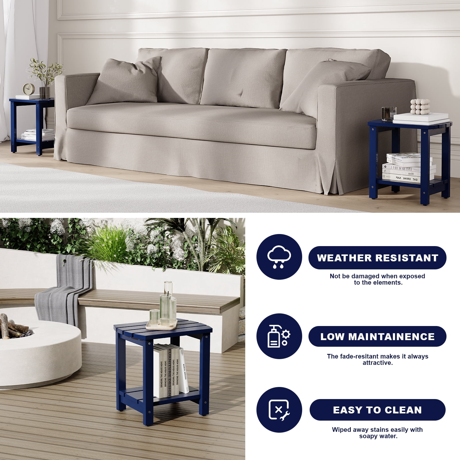 Indoor Outdoor Mid-Century Weather-Resistant Pine Wood Rectangle End Table, Navy Blue (2PCS)