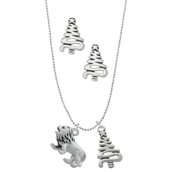Delight Jewelry Silvertone 3-D Lion Silver tone Zig Zag Christmas Tree Charm Necklace and Stud Earrings