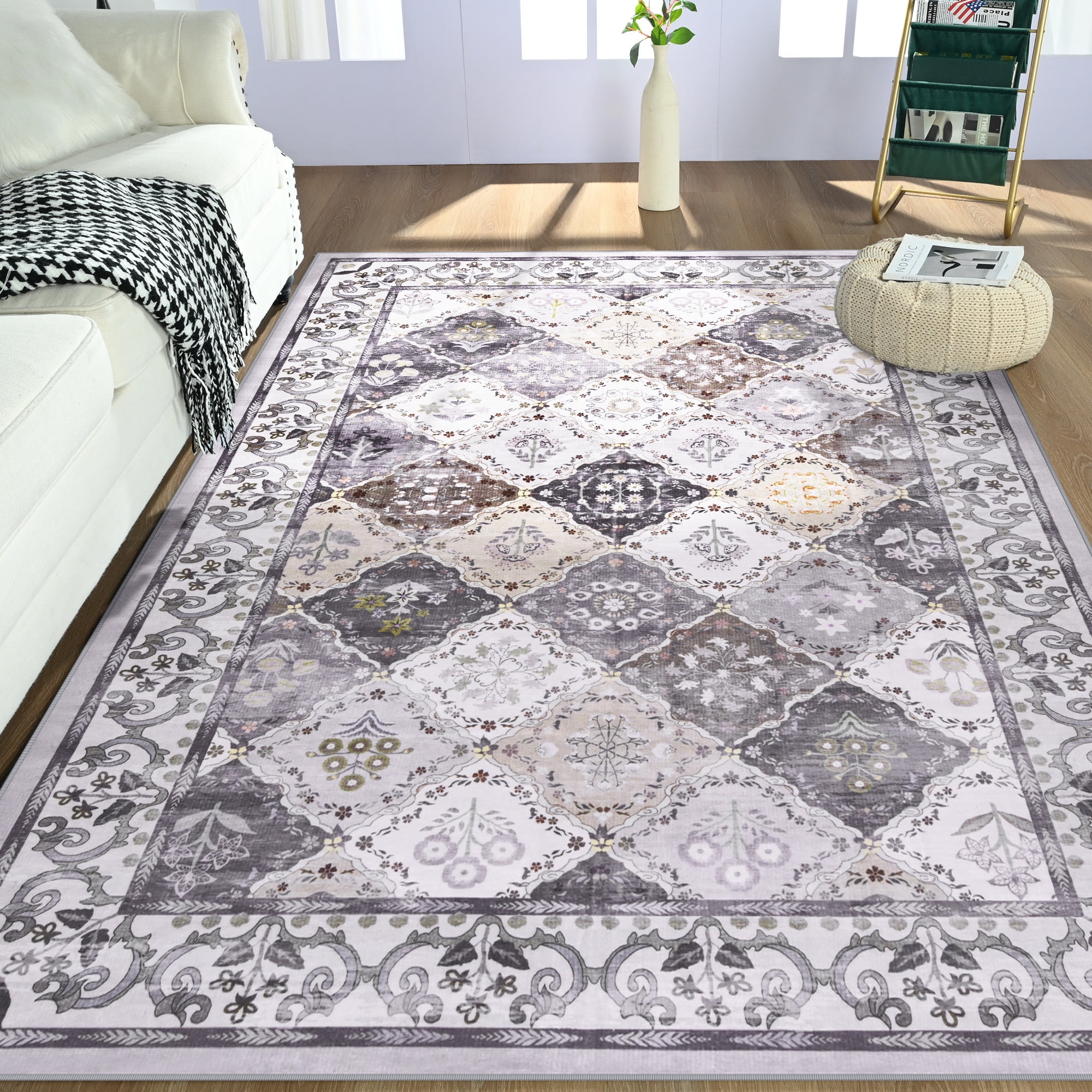 Wondo Moroccan Vintage Trellis Area Rug - Machine Washable Non-Slip Low-Profile 5x8 Floor Carpet for Living Room, Bedroom, Dining Room, Office & Nursery, Gray