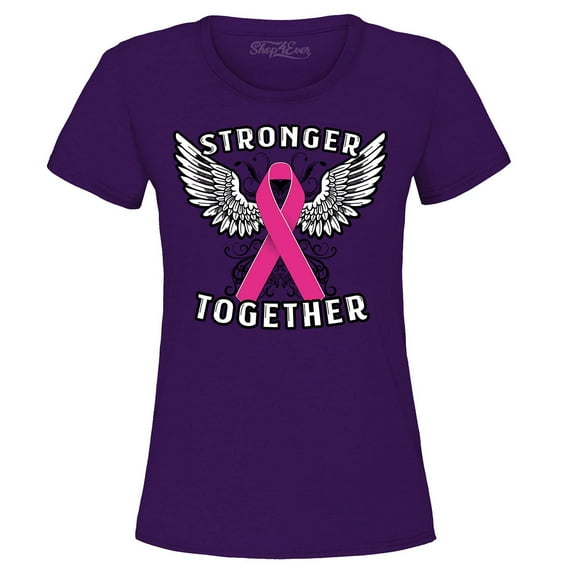 Shop4Ever Women's Stronger Together Breast Cancer Awareness Graphic T-Shirt Large Purple