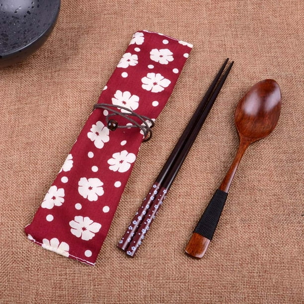 Fiudx Juego de Palillos de Madera, Diseño de Tronco Hecho a Mano, Cucharas de Estilo Natural, Vajilla Portátil, Regalo Higiénico y Saludable, Elegante Decoración para El Hogar, Incluye Bolsa de Tela,