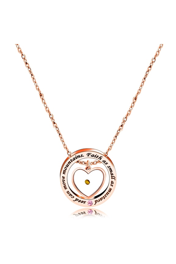 Rose Gold Plated Stainless Circle Ring Lettering Necklace Faith as Small as Mustard Seed Can Move Mountains with Pink CZ (Rose Gold, Heart Seed)