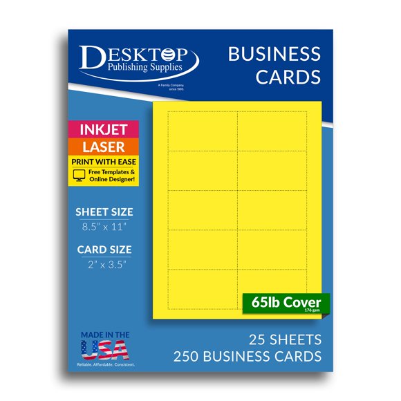Colored Business Cards - 25 Sheets / 250 Business Cards - Inkjet & Laser - 10 per sheet (Bright Yellow)