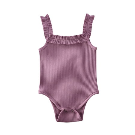 

Kuriozud Baby Girl Solid Color Crew Neck Ruffle Sleeveless Button Romeper