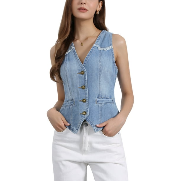 INSPIRE CHIC Chalecos de mezclilla para mujeres sin mangas, desgastados y casuales, chaquetas de mezclilla para el Día de la Madre, azul claro, XS
