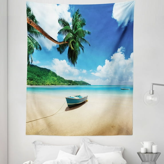 Ocean Tapestry, Boat on the Beach Mahe Island Lagoon Seychelles Exotic Shoreline Image, Fabric Wall Hanging Decor for Bedroom Living Room Dorm, 5 Sizes, Blue Green Sand Brown, by Ambesonne