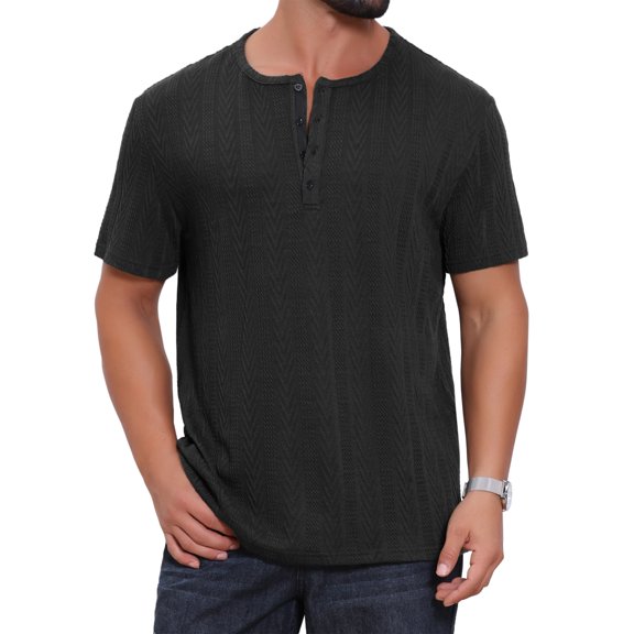 DARING DIVA Men's Henley Short Sleeve Button Down Jacquard Knitted T-Shirt M Black