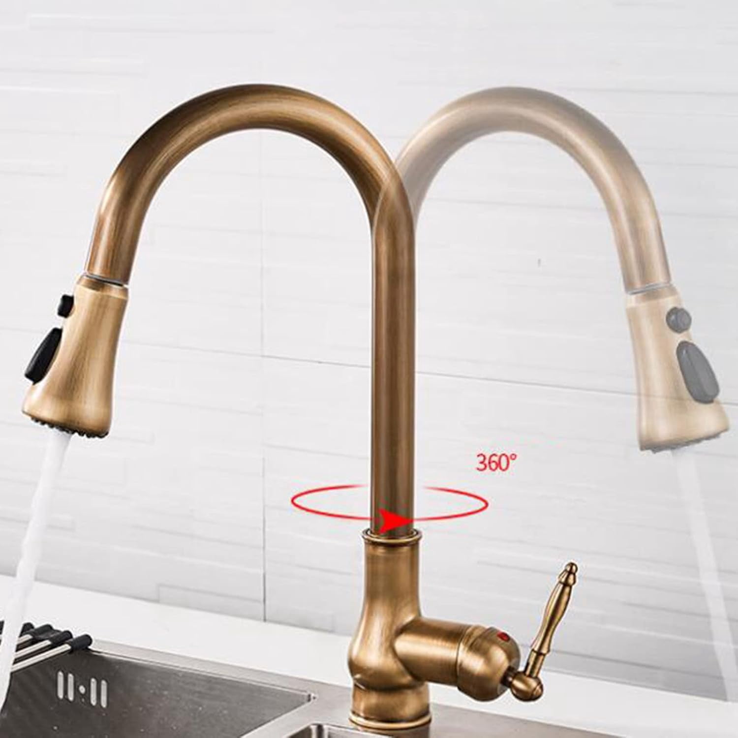 Kitchen Faucets with Pull Out Spray Antique Brass Kitchen Faucet 360° Swivel Hot and Cold Water Sink Faucet