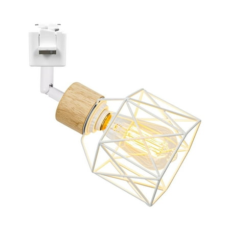 

FSLiving Adjustable Angle J-Type Track Pendant Light Retro Design E26 Wood Base with White Hollow Cage Metal Shade for Kitchen Bar Sink Counter (Bulb & Ceiling Track Sold Separately) - 1 Light