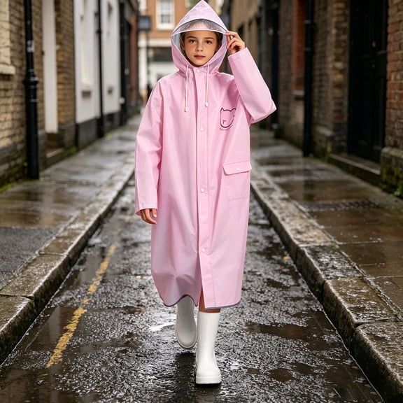 JOANKDMI Girls Waterproof Long Raincoat Kids Windproof Hooded Rain Jacket with Zip and Button Closure Flap Pockets for School Hiking Travel Daily Outdoor Wear
