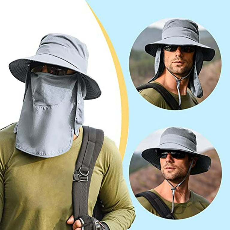 Sohindel Fishing Hat for Men & Women, Outdoor UV Sun Protection Wide Brim Hat with Face Cover & Neck Flap - Light Gray, Men's, Size: One Size