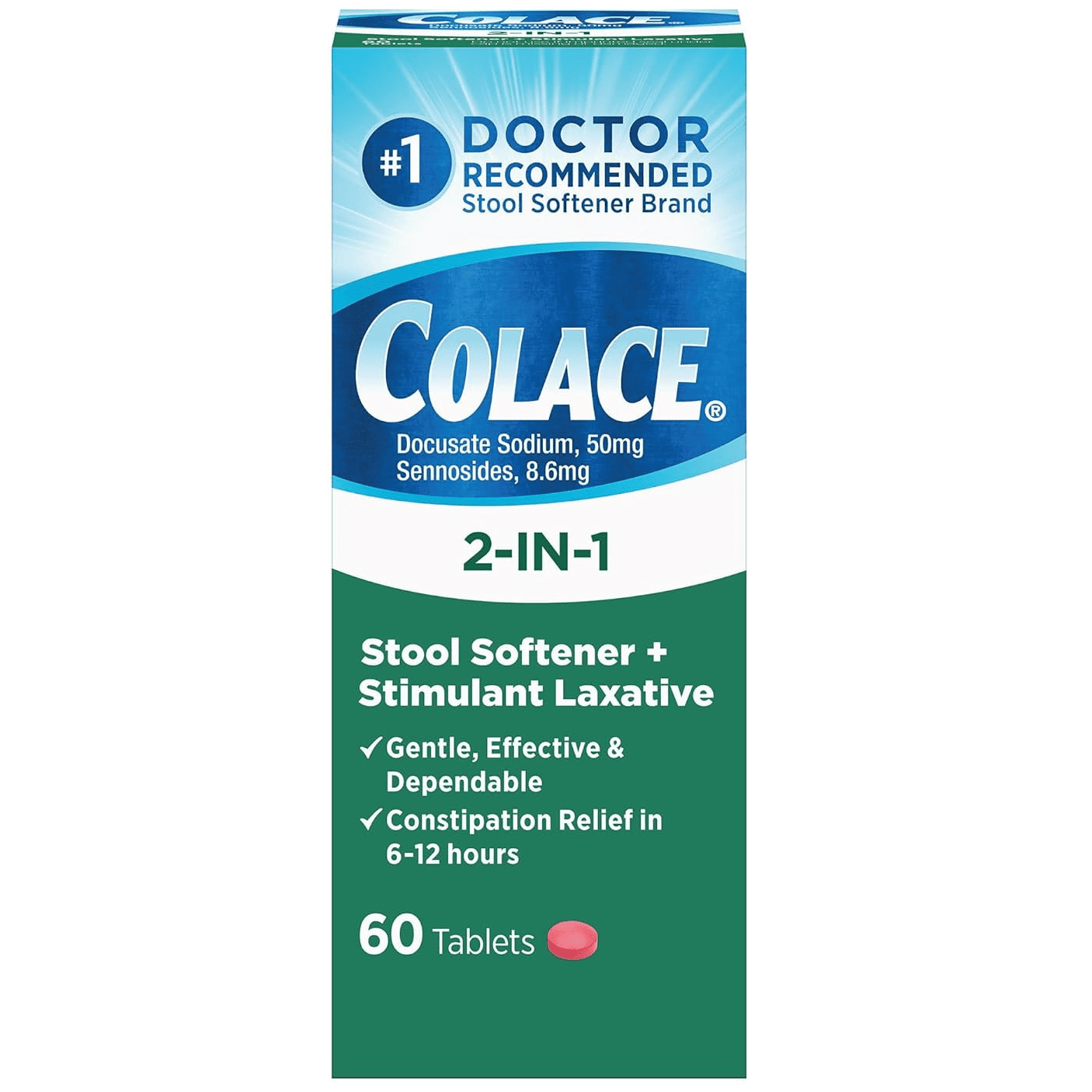Colace 2-in-1 Stool Softener with Stimulant Laxative Tablets, 100 mg, 60 ct.