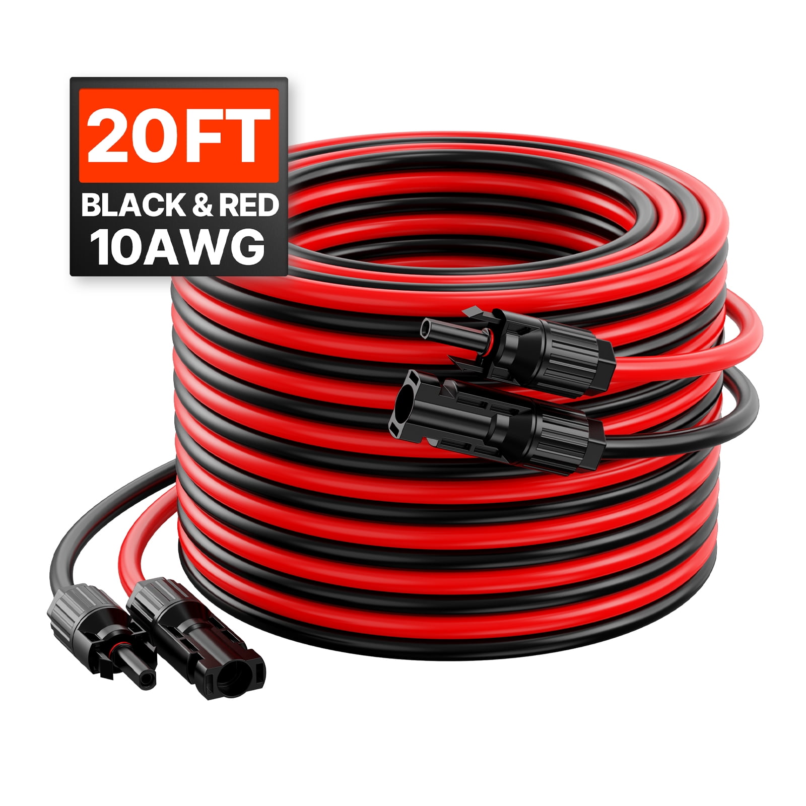 KFFKFF 20FT Solar Panel Extension Cord, 10AWG Solar Cord with Waterproof Male & Female Connectors, 6mm² PV Wire for Residential, Marine and RV Solar Modules, 20FT Black + 20FT Red (Pair)