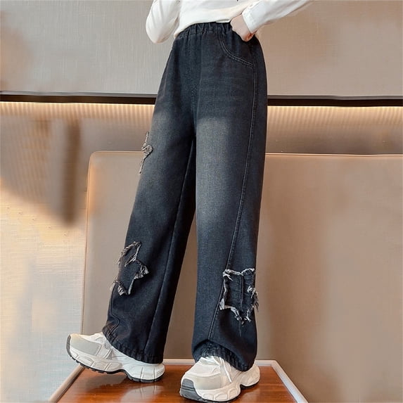 Girl's Baggy Jeans Casual Elastic Waist Girls Jeans Size 7 Boot Cut Stars Patch Wide Leg Denim Pants for Girls with Pockets Size 12-13 Years 1_Black