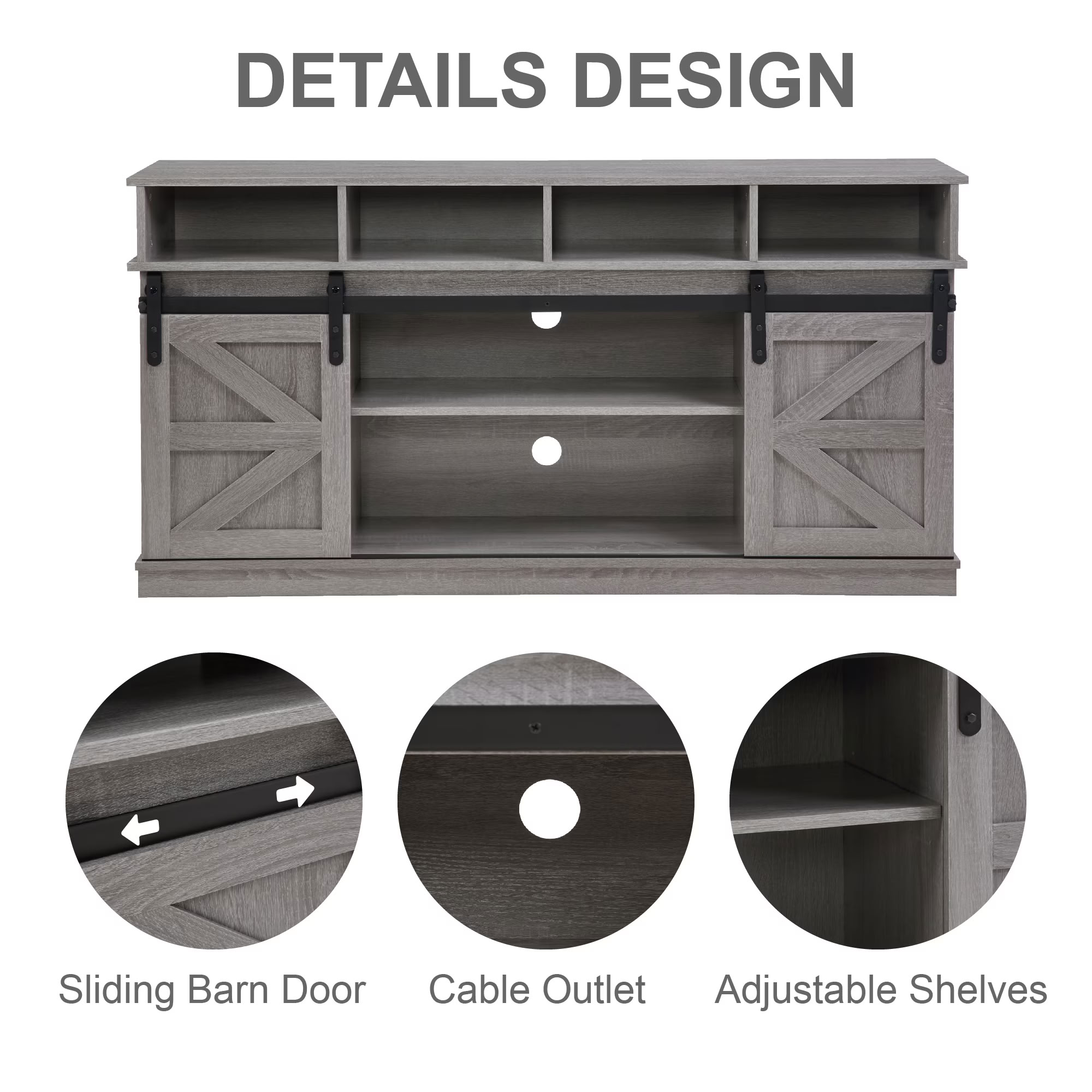 MAYEERTY Modern TV Stand with Sliding Barn Door, Farmhouse Wood Storage Cabinet with Adjustable Shelves for TVs Up to 65", Grey
