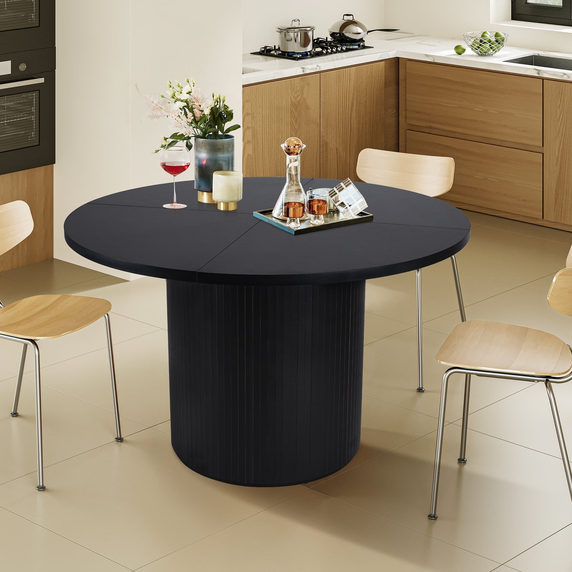 Wirrytor Round Dining Table, Modern Farmhouse Kitchen Table, 47 Inch Coffee Circle Dining Tables with Wood Strip Base for Kitchen Living Room, Black