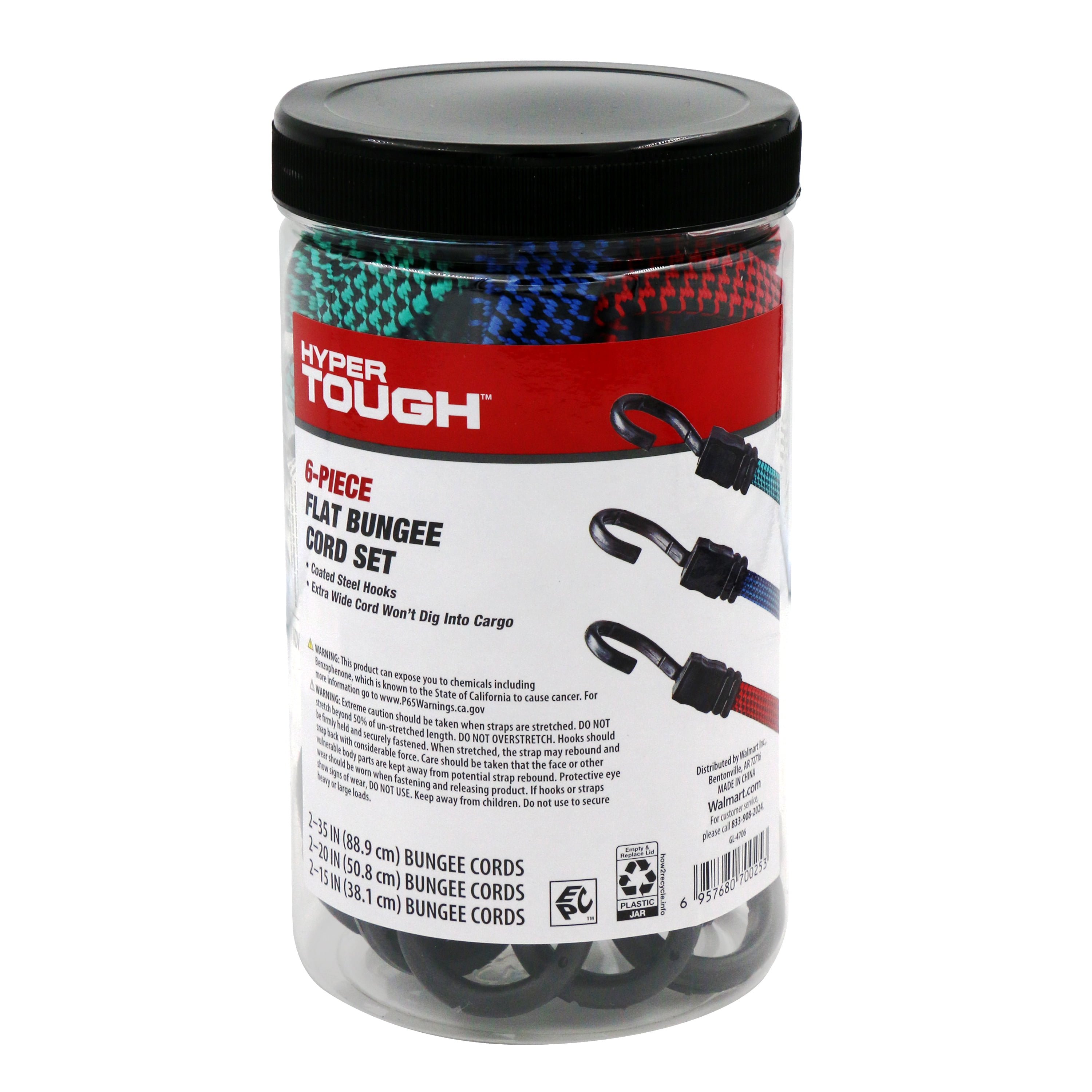 (2 pack) Hyper Tough 6 Pieces Flat Bungee Cord Set, Plastic Jar, 35 inch, 1.11 oz