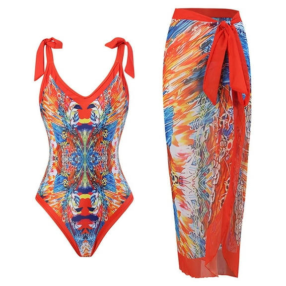 IROINNID Women's One-piece Swimsuit V Neck Printed Swimwear With Wrap Long Skirt Two-piece Set