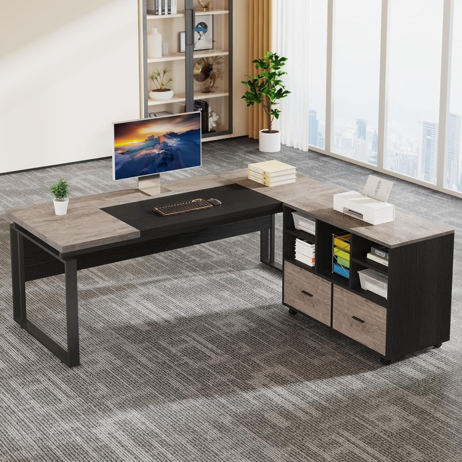 L-Shaped Executive Desk with Reversible File Cabinet, 3" Office Desk with Storage Drawers, Grey