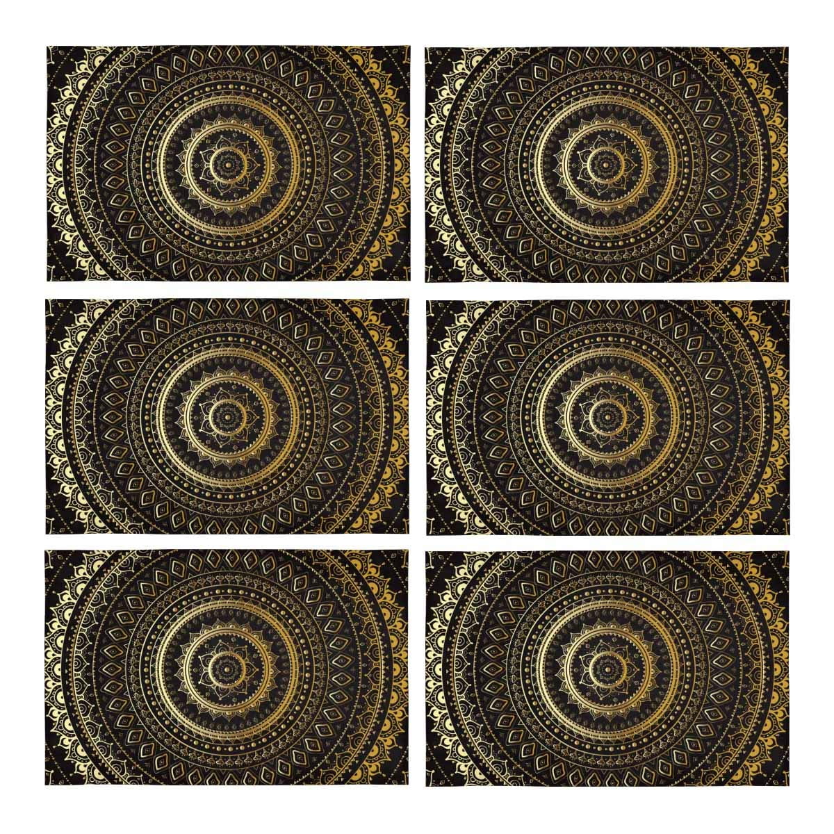 MKHERT Vintage Mandala Gold and Black Decorative Pattern Placemats