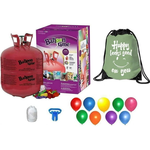Balloon Time Disposable Helium Tank with Drawstring Backpack, 50 Balloons and Ribbon