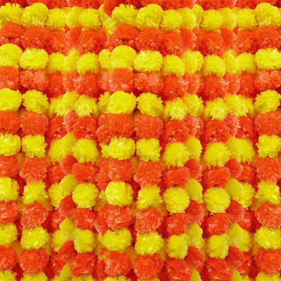 Marigold Flower Garland for Day of the Dead Decor, 3D Hanging Strip for Dia de los Muertos, Yellow and Orange Plastic Floral String for Outdoor Event Decoration