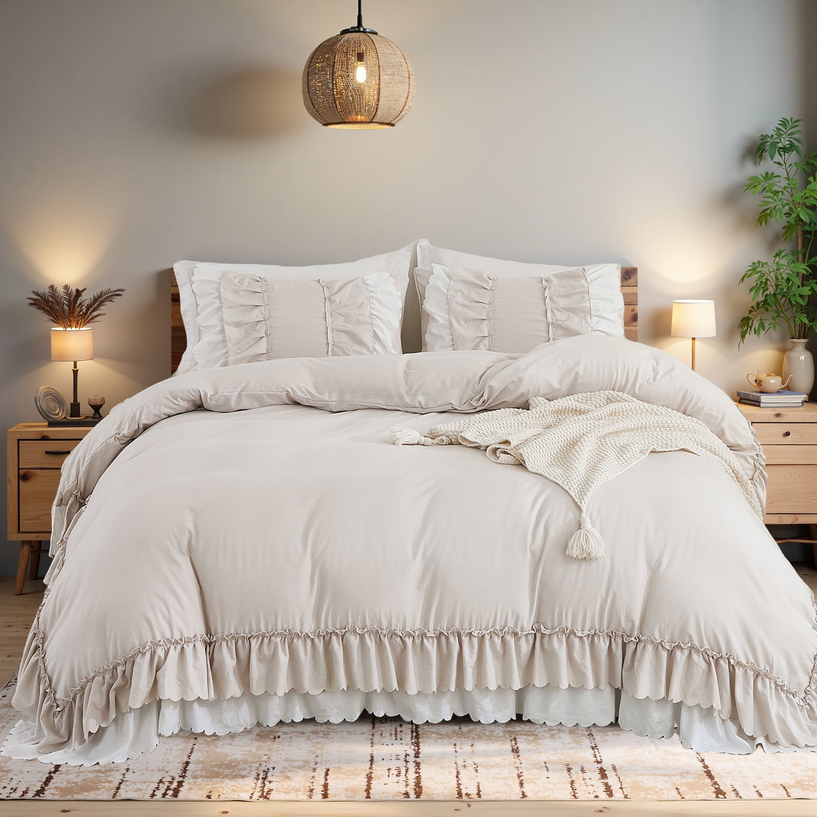 Ruffle Comforter Set Queen Size,Shabby Chic Boho Bedding Sets, Soft Fluffy Comforter Sets for All Season,Vintage Ruffled 3 Pcs Microfiber Lightweight Quilt Set for Home Decor