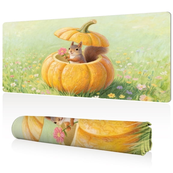 LIVEKEY Mouse Pad Durable Easy Clean Ultra Large 80x40x0.3cm Full Desk Coverage Autumn Squirrel in Pumpkin Art for Gaming and Office Desk Mat